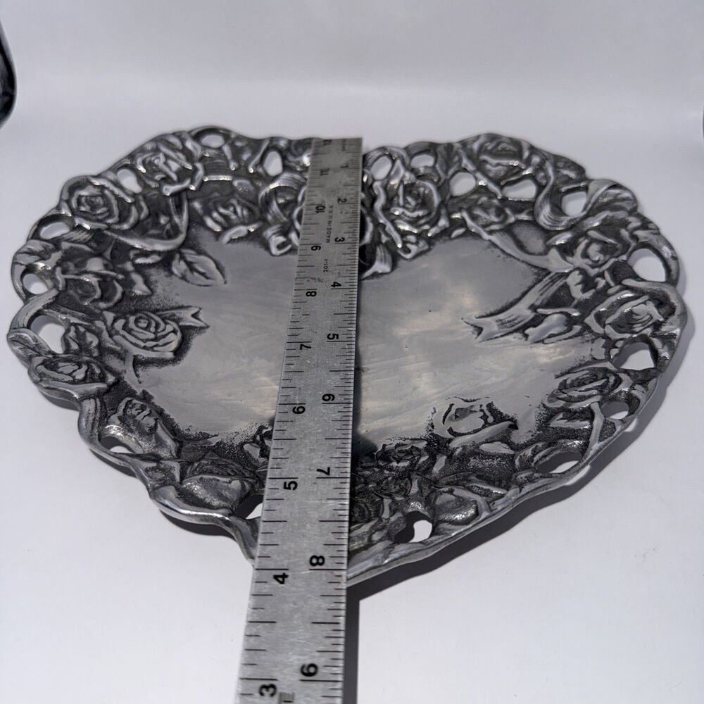 Peltrina Pewter Rose Heart Shaped Dish Made In Argentina Hand Made - Picture 7 of 8
